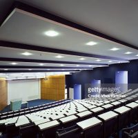 View of lecture theatre showing seating, modulating roof structure and lecture podium, Galway-Mayo Institute of Technology, University, Europe, Ireland, Galway, 2003, Murray O'Laoire. (Photo by View Pictures/Universal Images Group via Getty Images)